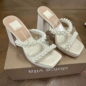 Dolce Vita White Pearl-Adorned Heels